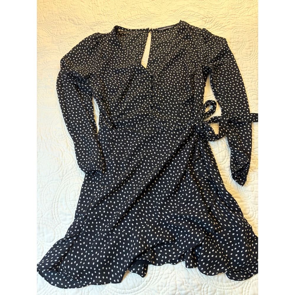 Abercrombie & Fitch Wrap Dress Womens M Black Polka Dot Ruffle Mini